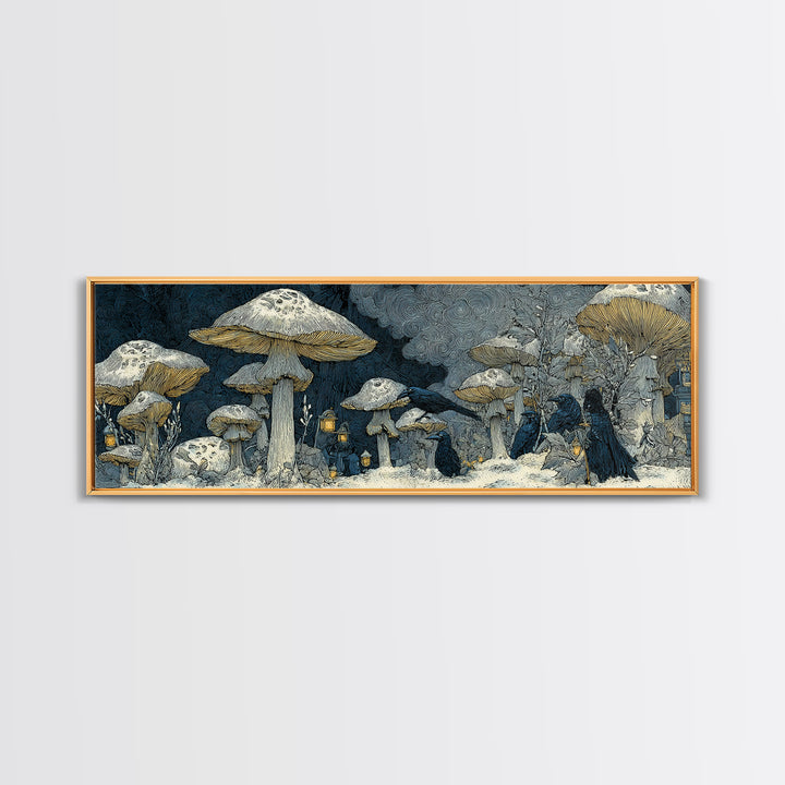The Moonlit Mushroom Village, Symbolist Death Art, Extra Wide Wall Art, Macabre Wall Art, Framed Canvas Print, Halloween Wall Art