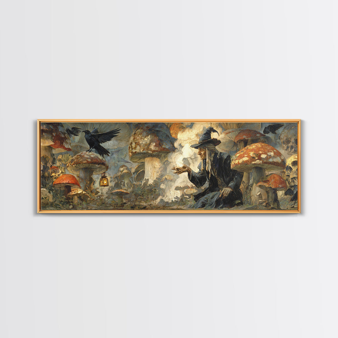 The Moonlit Mushroom Village, Symbolist Etching Art, Extra Wide Wall Art, Gothic Horror Wall Art, Canvas Print, Halloween Wall Art