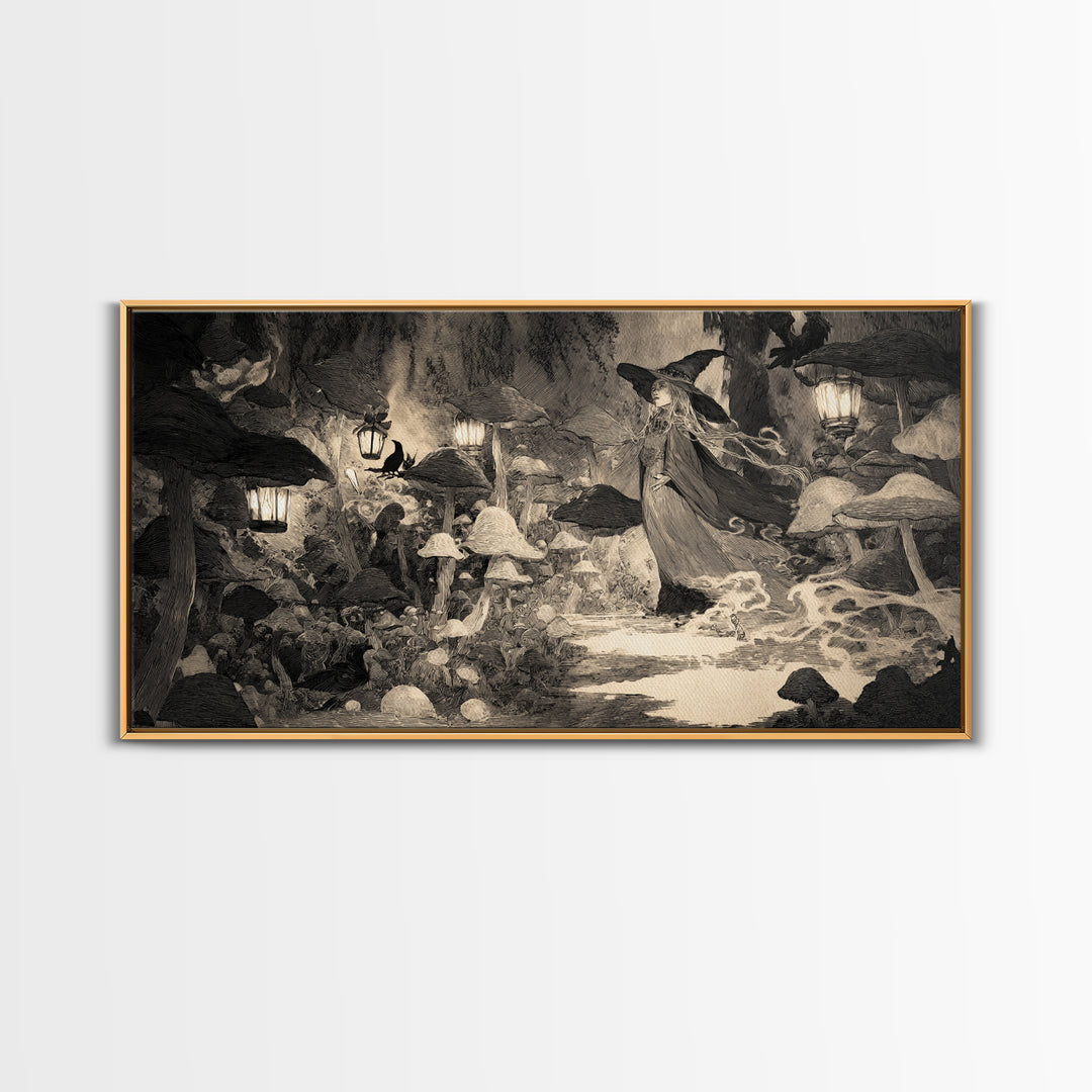 The Moonlit Mushroom Village, Expressionist Nightmare Art, Wide Panoramic Art, Gothic Horror Wall Art, Canvas Print, Halloween Wall Art