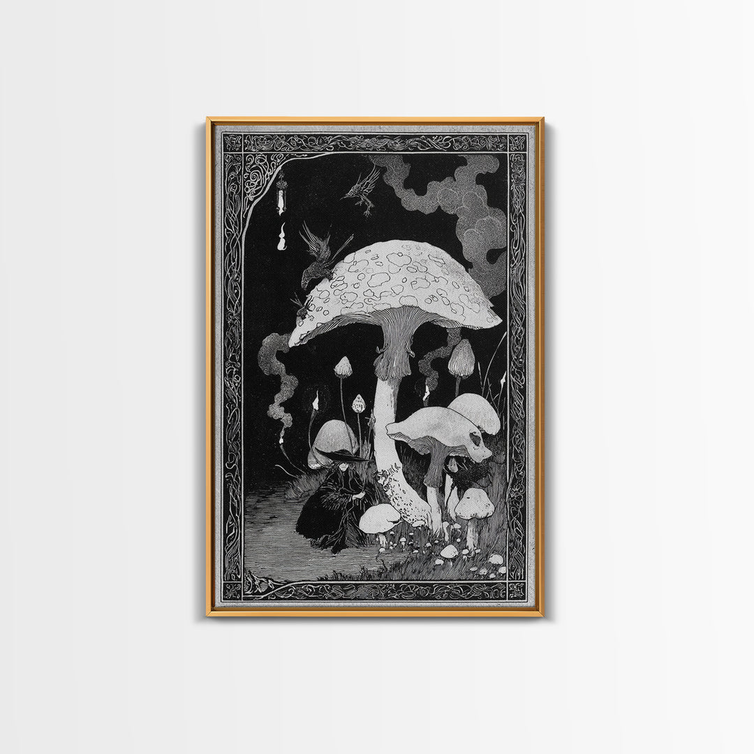 The Moonlit Mushroom Village, Decadent Line Art, Vertical Wall Art, Macabre Wall Art, Framed Canvas Print, Halloween Wall Art