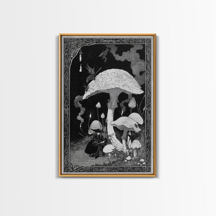 The Moonlit Mushroom Village, Decadent Line Art, Vertical Wall Art, Macabre Wall Art, Framed Canvas Print, Halloween Wall Art