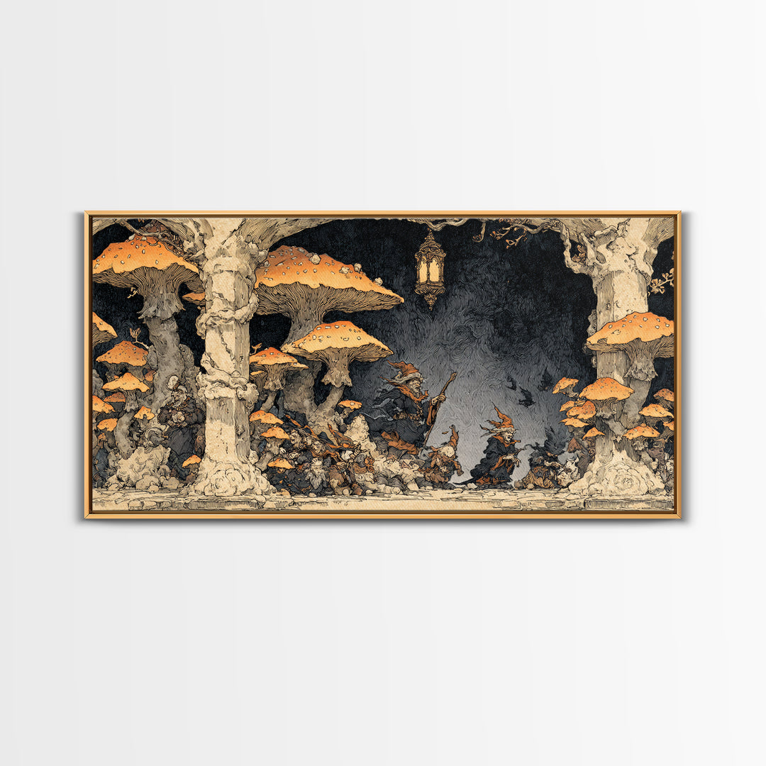 The Moonlit Mushroom Village, Gothic Storybook Art, Wide Panoramic Art, Gothic Horror Wall Art, Canvas Print, Halloween Wall Art
