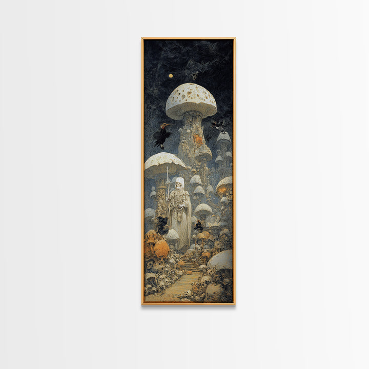 The Moonlit Mushroom Village, Surreal Apocalyptic Art, Tall Narrow Wall Art, Gothic Horror Wall Art, Framed Canvas Print