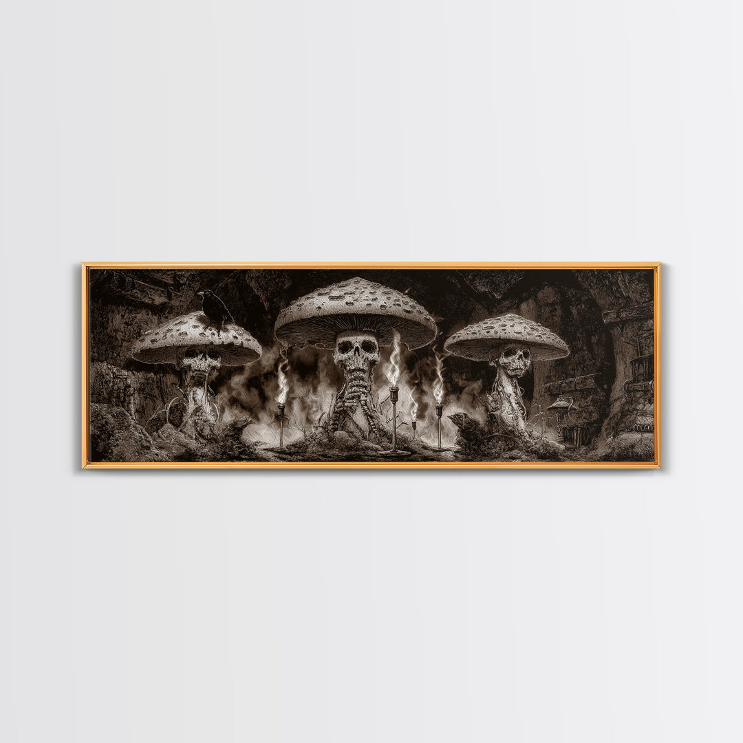 The Moonlit Mushroom Village, Biomechanical Horror Art, Extra Wide Wall Art, Gothic Horror Wall Art, Canvas Print, Halloween Wall Art