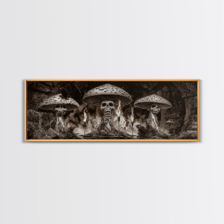 The Moonlit Mushroom Village, Biomechanical Horror Art, Extra Wide Wall Art, Gothic Horror Wall Art, Canvas Print, Halloween Wall Art