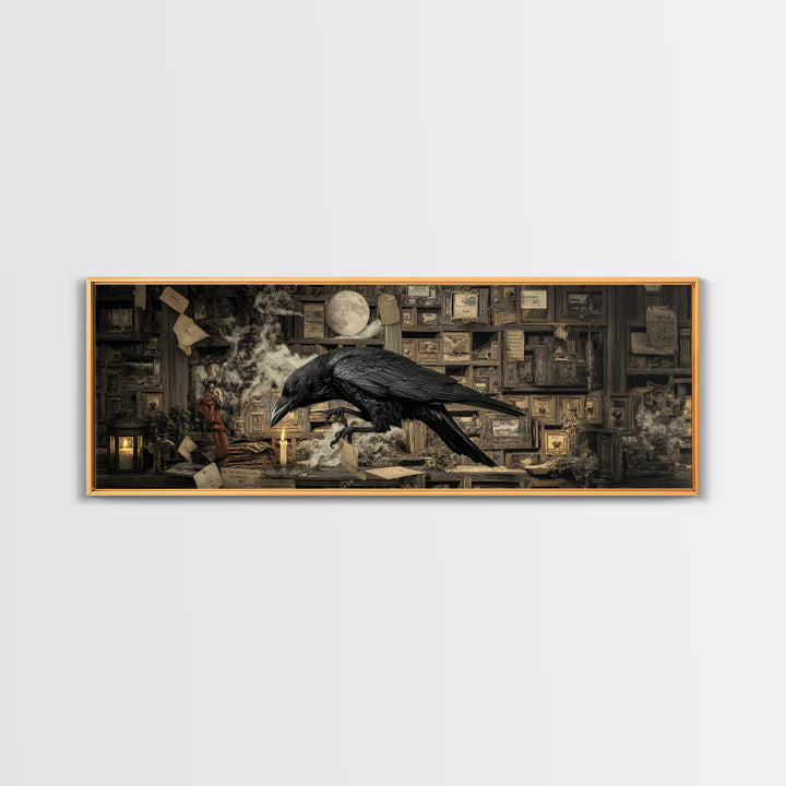 The Raven Post Office, Medieval Grotesque Art, Extra Wide Wall Art, Dark Halloween Decor, Framed Canvas Print, Halloween Wall Art
