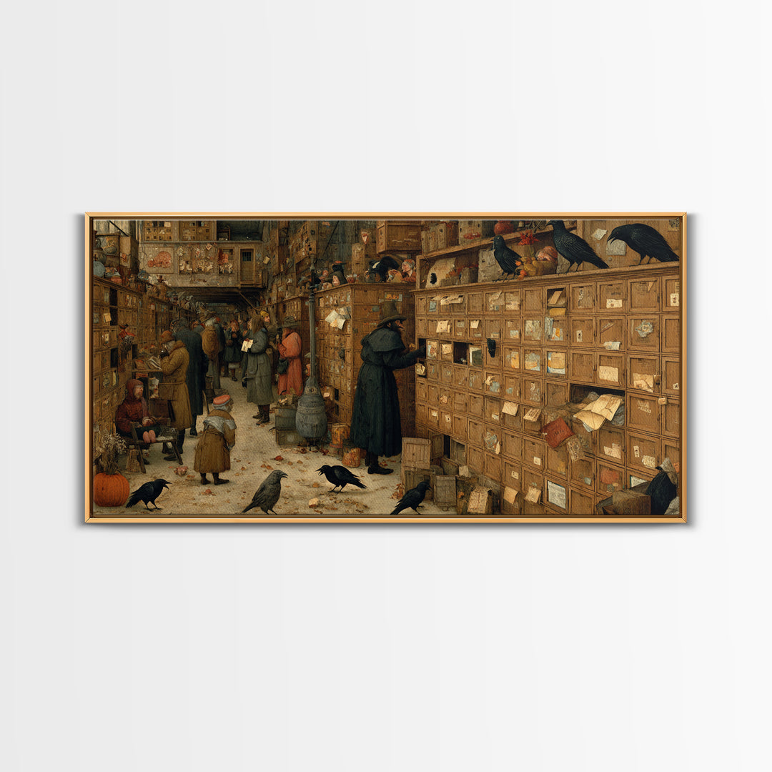The Raven Post Office, Northern Renaissance Horror, Wide Panoramic Art, Dark Fantasy Wall Art, Framed Canvas Print