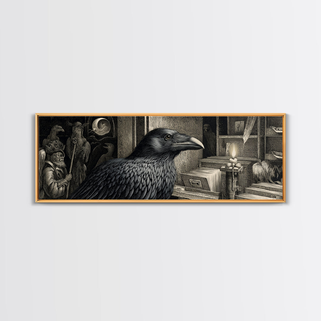 The Raven Post Office, Renaissance Engraving Art, Extra Wide Wall Art, Gothic Horror Wall Art, Framed Canvas Print, Halloween Wall Art