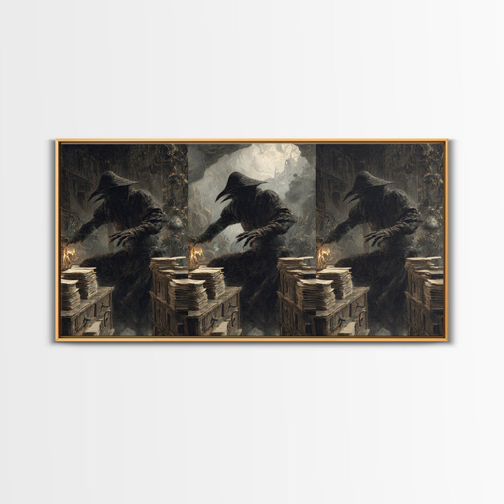 The Raven Post Office, Baroque Witchcraft Art, Wide Panoramic Art, Macabre Wall Art, Framed Canvas Print, Halloween Wall Art