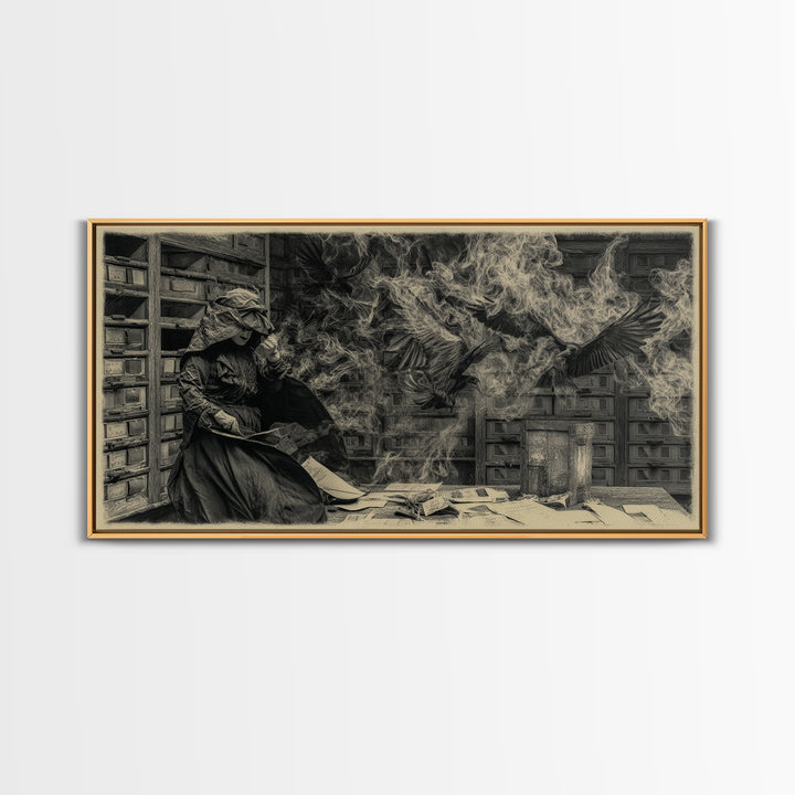 The Raven Post Office, Dark Romantic Horror Art, Wide Panoramic Art, Dark Fantasy Wall Art, Canvas Print, Halloween Wall Art
