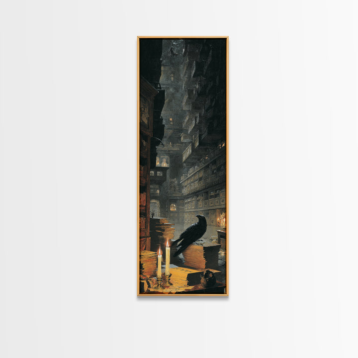 The Raven Post Office, Architectural Etching Art, Tall Narrow Wall Art, Dark Halloween Decor, Framed Canvas Print