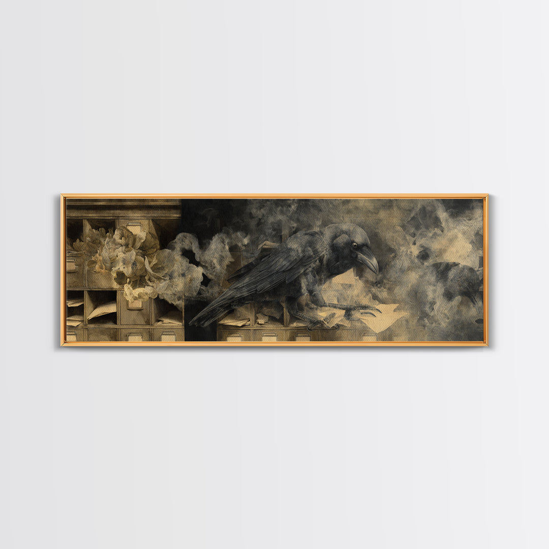 The Raven Post Office, Symbolist Dream Art, Extra Wide Wall Art, Macabre Wall Art, Framed Canvas Print, Halloween Wall Art
