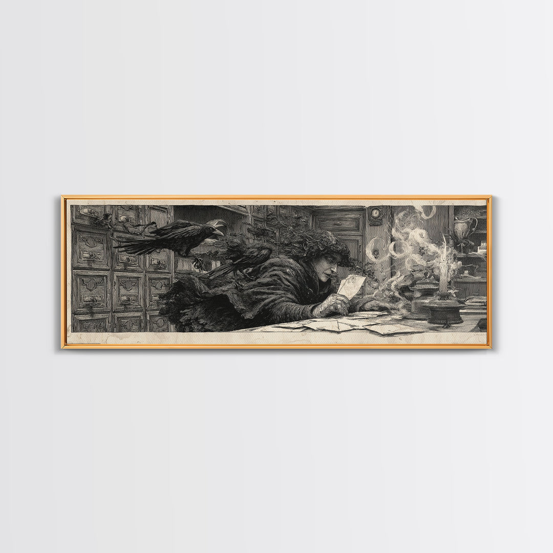 The Raven Post Office, Symbolist Etching Art, Extra Wide Wall Art, Dark Fantasy Wall Art, Canvas Print, Halloween Wall Art