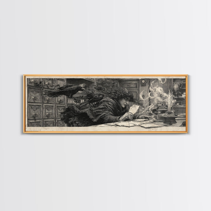 The Raven Post Office, Symbolist Etching Art, Extra Wide Wall Art, Dark Fantasy Wall Art, Canvas Print, Halloween Wall Art
