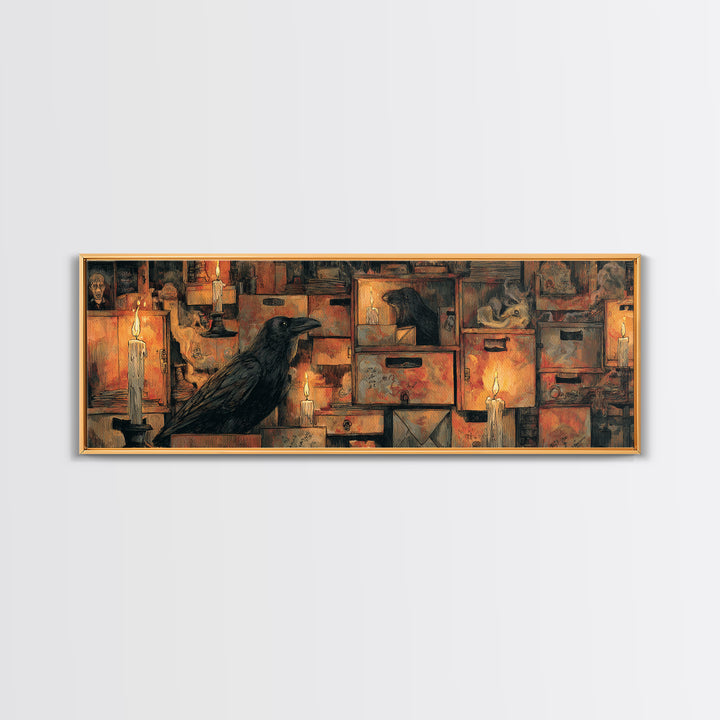 The Raven Post Office, Expressionist Gothic Art, Extra Wide Wall Art, Macabre Wall Art, Framed Canvas Print, Halloween Wall Art