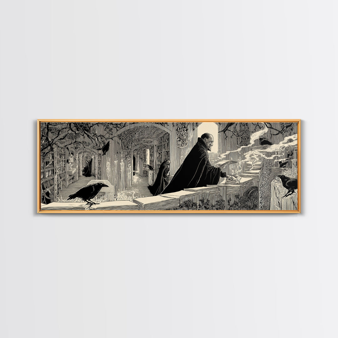 The Raven Post Office, Decadent Line Art, Extra Wide Wall Art, Macabre Wall Art, Framed Canvas Print, Halloween Wall Art