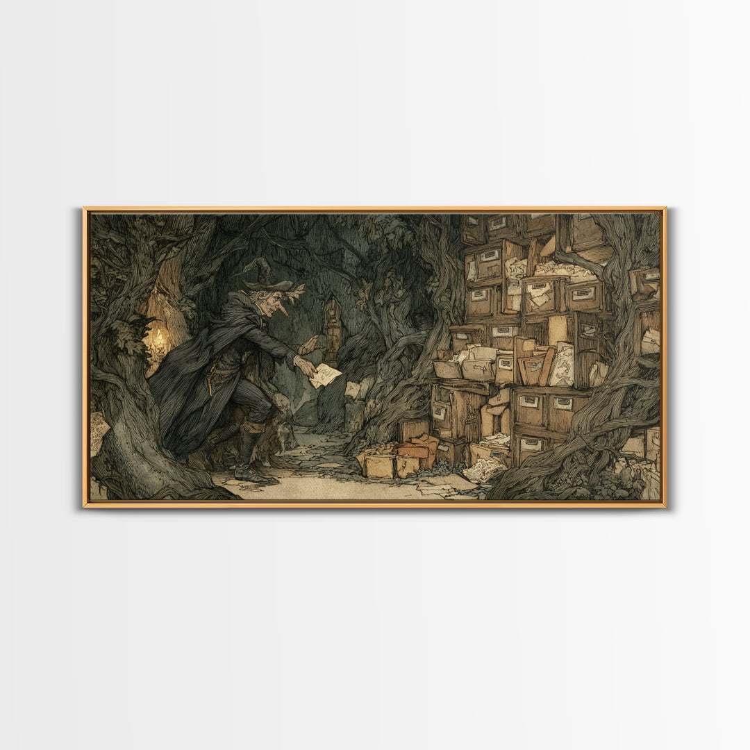 The Raven Post Office, Gothic Storybook Art, Wide Panoramic Art, Macabre Wall Art, Framed Canvas Print, Halloween Wall Art