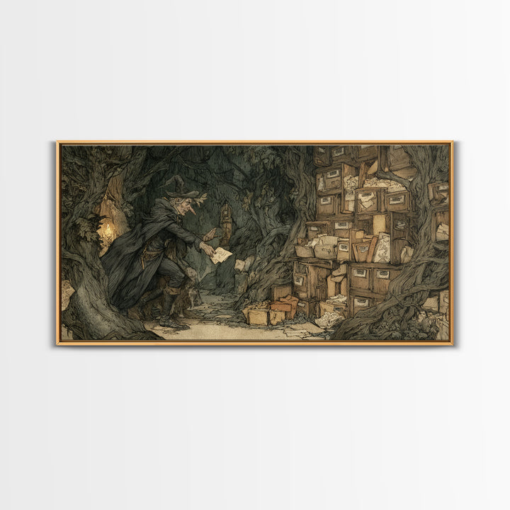The Raven Post Office, Gothic Storybook Art, Wide Panoramic Art, Macabre Wall Art, Framed Canvas Print, Halloween Wall Art