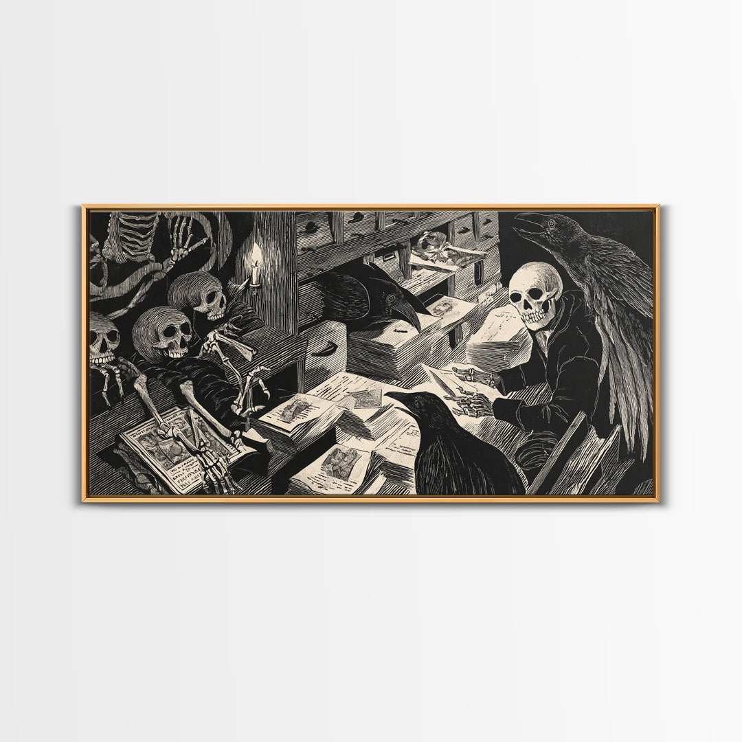 The Raven Post Office, Macabre Folk Print Art, Wide Panoramic Art, Gothic Horror Wall Art, Canvas Print, Halloween Wall Art