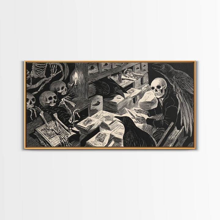 The Raven Post Office, Macabre Folk Print Art, Wide Panoramic Art, Gothic Horror Wall Art, Canvas Print, Halloween Wall Art