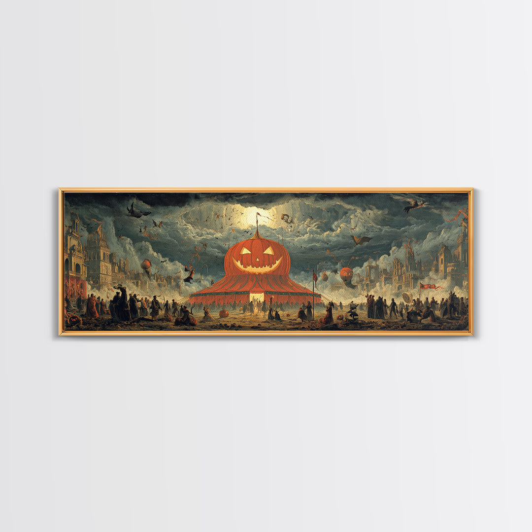 The Jack-O'-Lantern Circus, Apocalyptic Romantic Art, Extra Wide Wall Art, Macabre Wall Art, Canvas Print, Halloween Wall Art