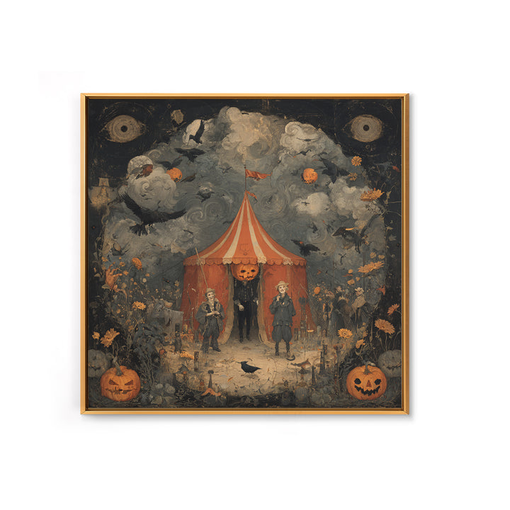 The Jack-O'-Lantern Circus, Symbolist Dream Art, Square Wall Art, Dark Halloween Decor, Framed Canvas Print, Halloween Wall Art