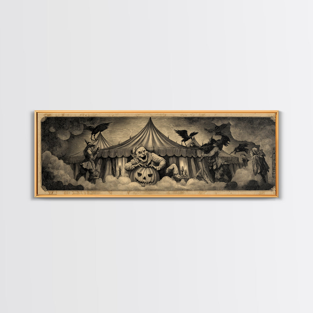 The Jack-O'-Lantern Circus, Expressionist Nightmare Art, Extra Wide Wall Art, Dark Halloween Decor, Framed Canvas Print, Halloween Wall Art