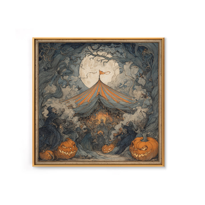The Jack-O'-Lantern Circus, Gothic Storybook Art, Square Wall Art, Dark Halloween Decor, Framed Canvas Print, Halloween Wall Art