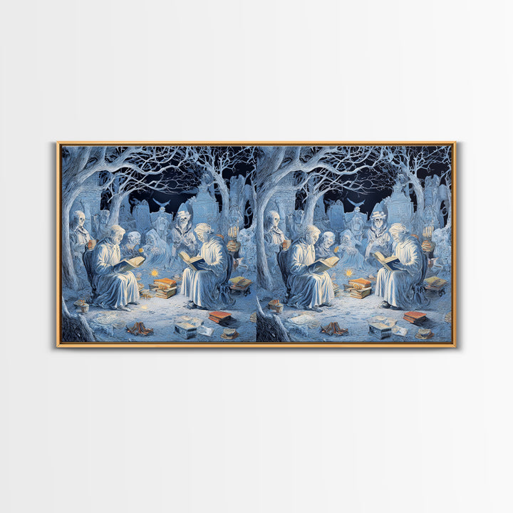 The Graveyard Book Club, Northern Renaissance Horror, Wide Panoramic Art, Macabre Wall Art, Framed Canvas Print