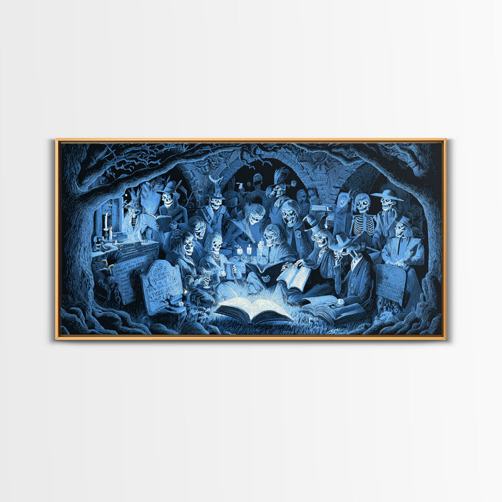The Graveyard Book Club, Macabre Folk Print Art, Wide Panoramic Art, Macabre Wall Art, Canvas Print, Halloween Wall Art