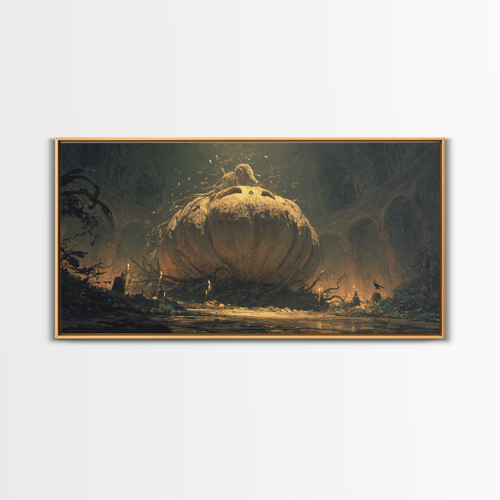The Cosmic Pumpkin God, Dark Romantic Horror Art, Wide Panoramic Art, Gothic Horror Wall Art, Framed Canvas Print, Halloween Wall Art
