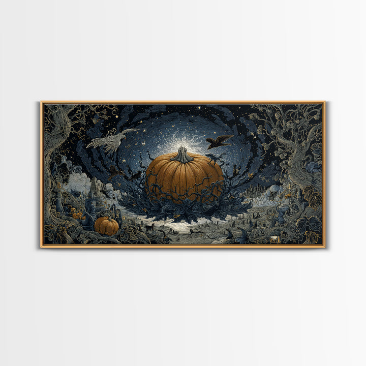 The Cosmic Pumpkin God, Romantic Gothic Landscape, Wide Panoramic Art, Macabre Wall Art, Framed Canvas Print, Halloween Wall Art
