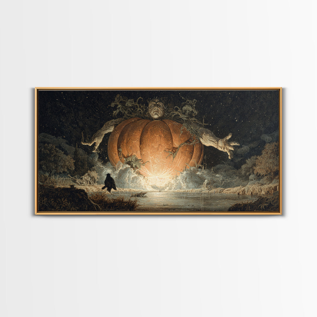 The Cosmic Pumpkin God, Symbolist Gothic Landscape, Wide Panoramic Art, Dark Halloween Decor, Canvas Print, Halloween Wall Art