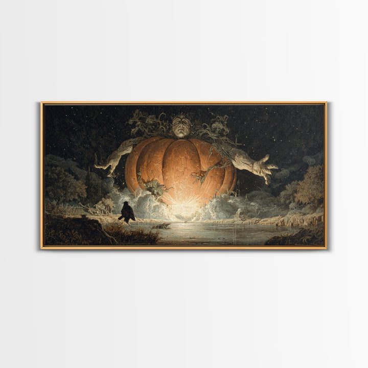 The Cosmic Pumpkin God, Symbolist Gothic Landscape, Wide Panoramic Art, Dark Halloween Decor, Canvas Print, Halloween Wall Art