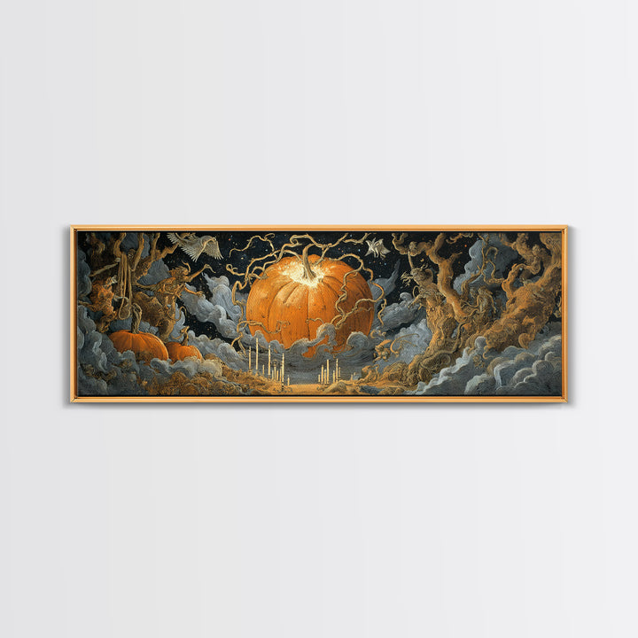 The Cosmic Pumpkin God, Symbolist Etching Art, Extra Wide Wall Art, Dark Halloween Decor, Framed Canvas Print, Halloween Wall Art
