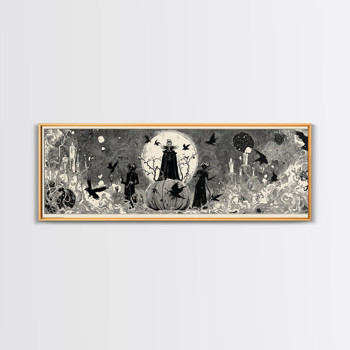 The Cosmic Pumpkin God, Decadent Line Art, Extra Wide Wall Art, Gothic Horror Wall Art, Canvas Print, Halloween Wall Art
