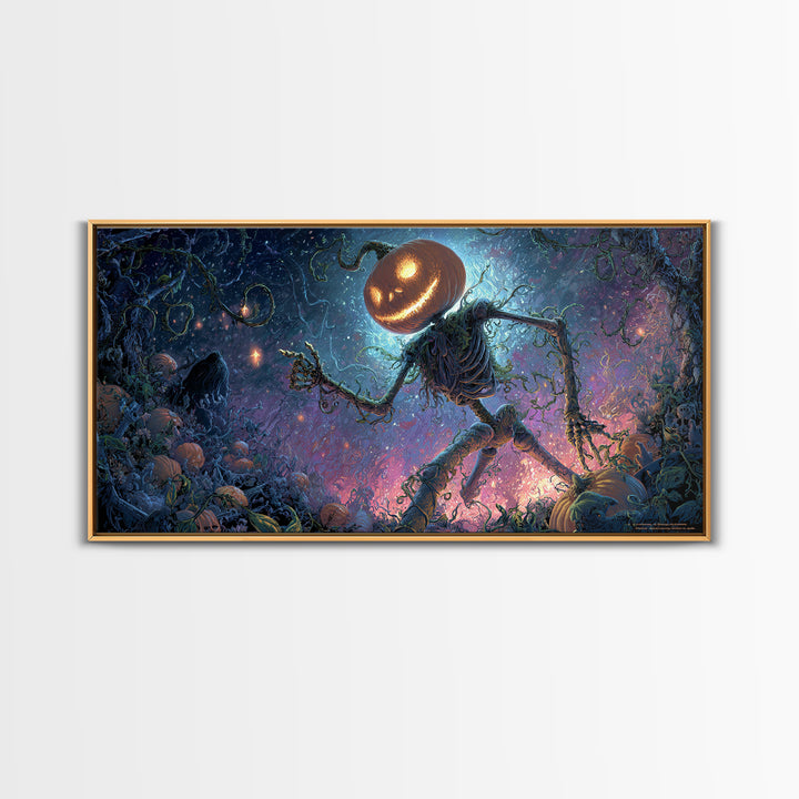 The Cosmic Pumpkin God, Macabre Folk Print Art, Wide Panoramic Art, Macabre Wall Art, Framed Canvas Print, Halloween Wall Art