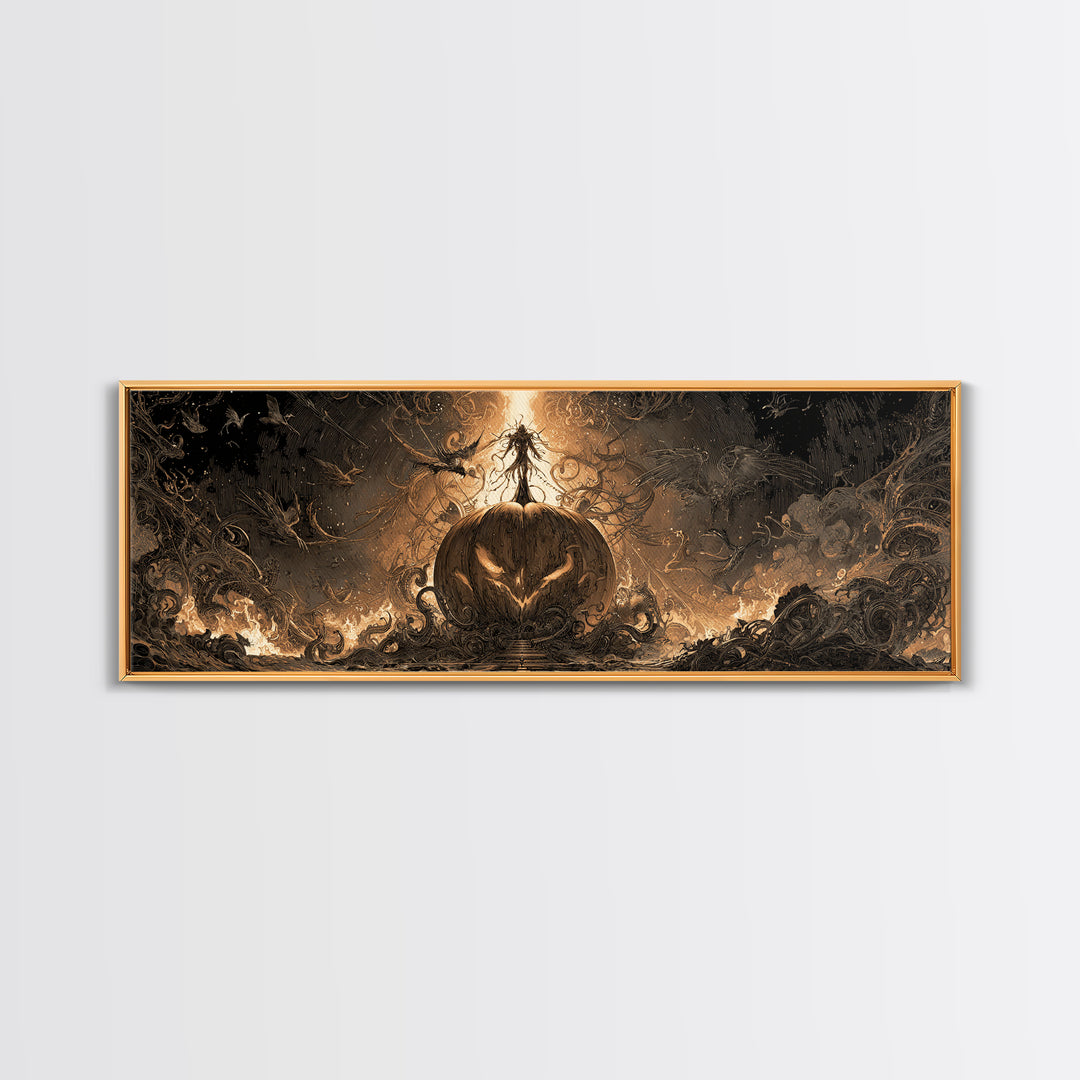 The Cosmic Pumpkin God, Biomechanical Horror Art, Extra Wide Wall Art, Dark Fantasy Wall Art, Canvas Print, Halloween Wall Art