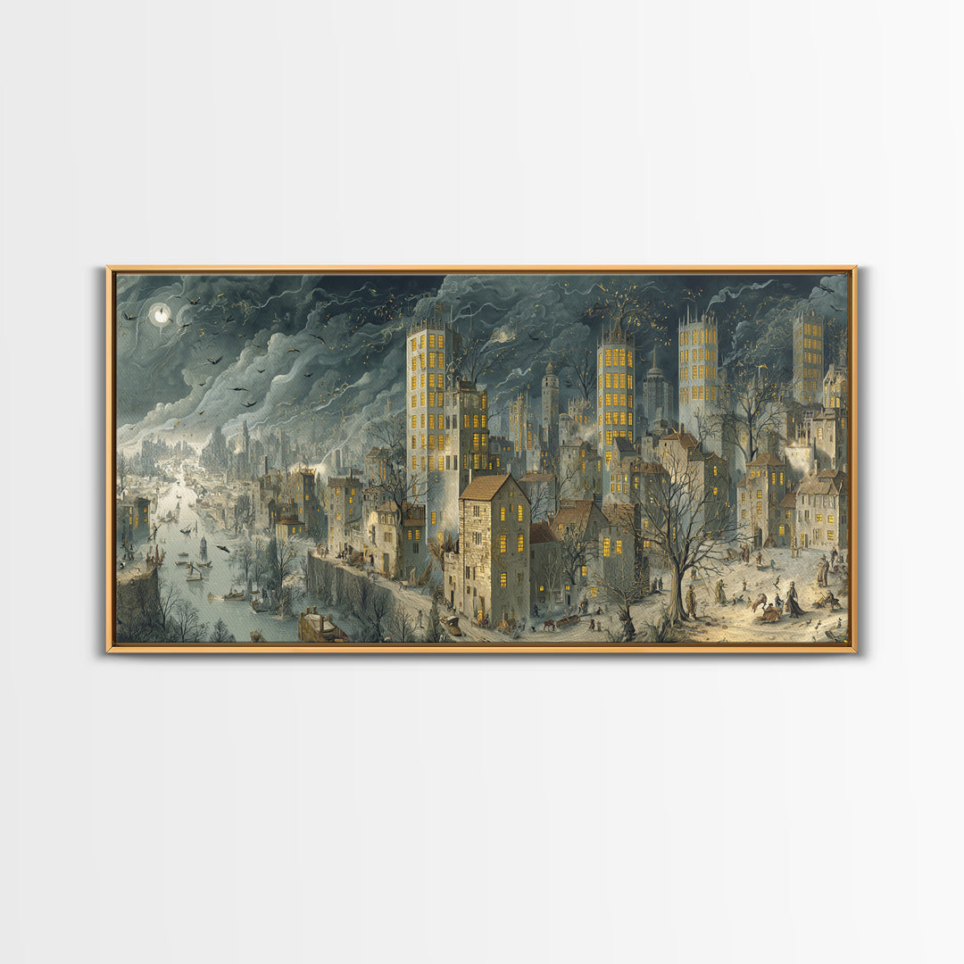 The Haunted City Skyline, Northern Renaissance Horror, Wide Panoramic Art, Gothic Horror Wall Art, Framed Canvas Print