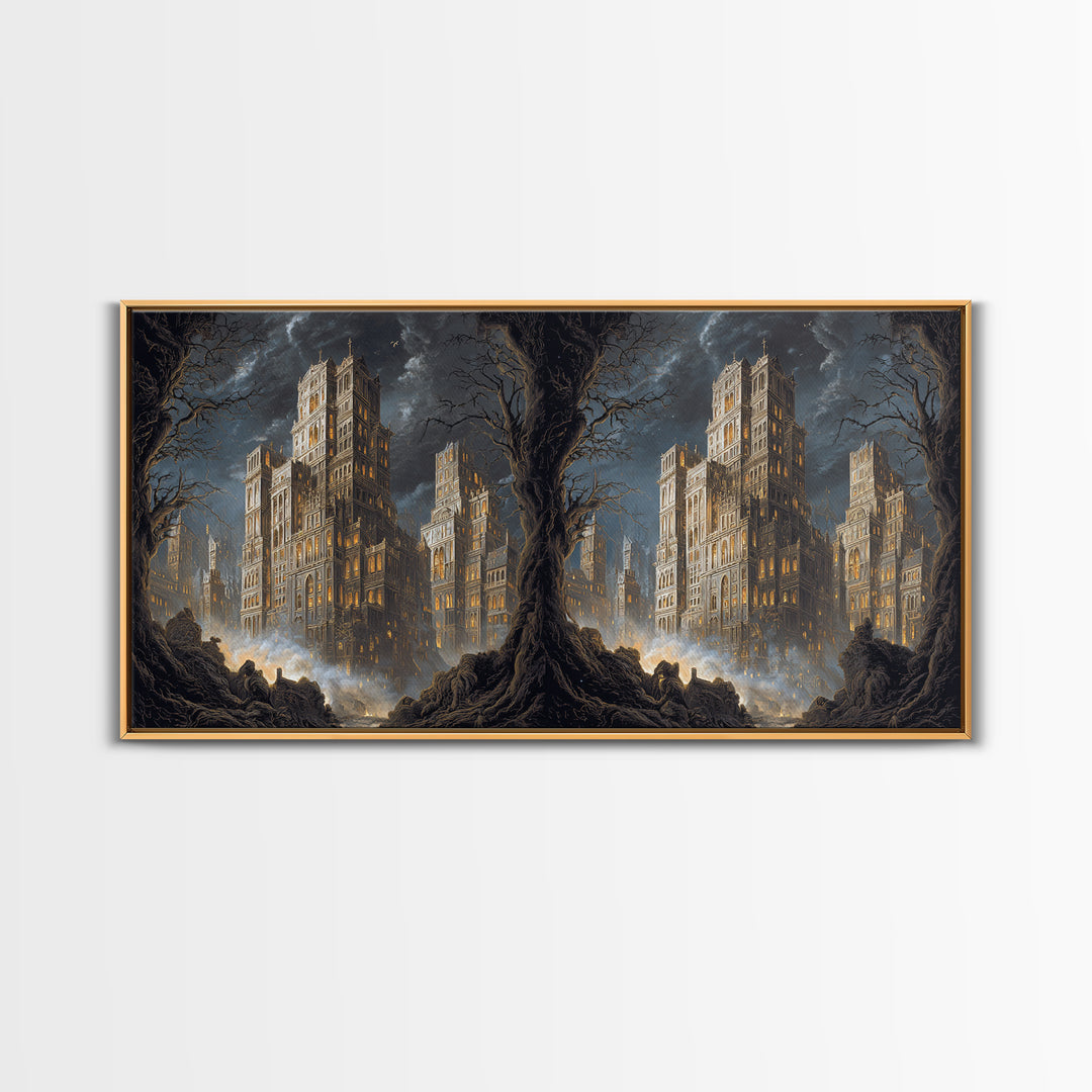 The Haunted City Skyline, Baroque Witchcraft Art, Wide Panoramic Art, Macabre Wall Art, Canvas Print, Halloween Wall Art