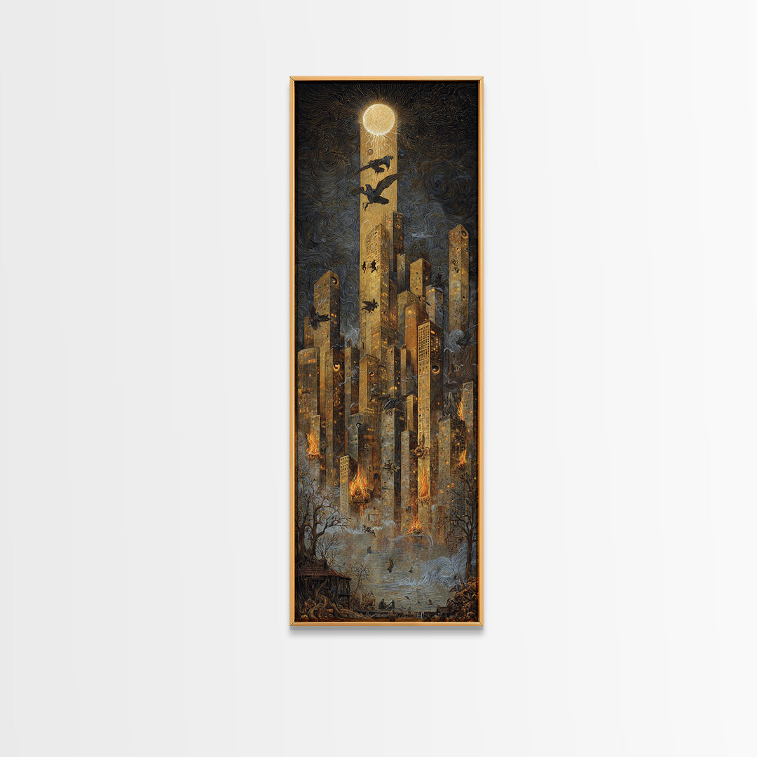 The Haunted City Skyline, Visionary Gothic Art, Tall Narrow Wall Art, Macabre Wall Art, Framed Canvas Print, Halloween Wall Art