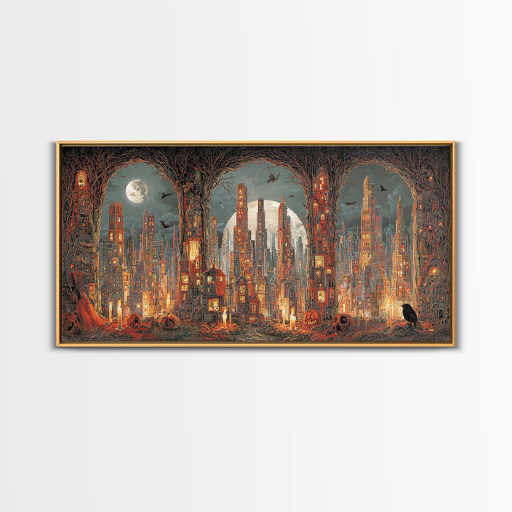 The Haunted City Skyline, Apocalyptic Romantic Art, Wide Panoramic Art, Macabre Wall Art, Canvas Print, Halloween Wall Art