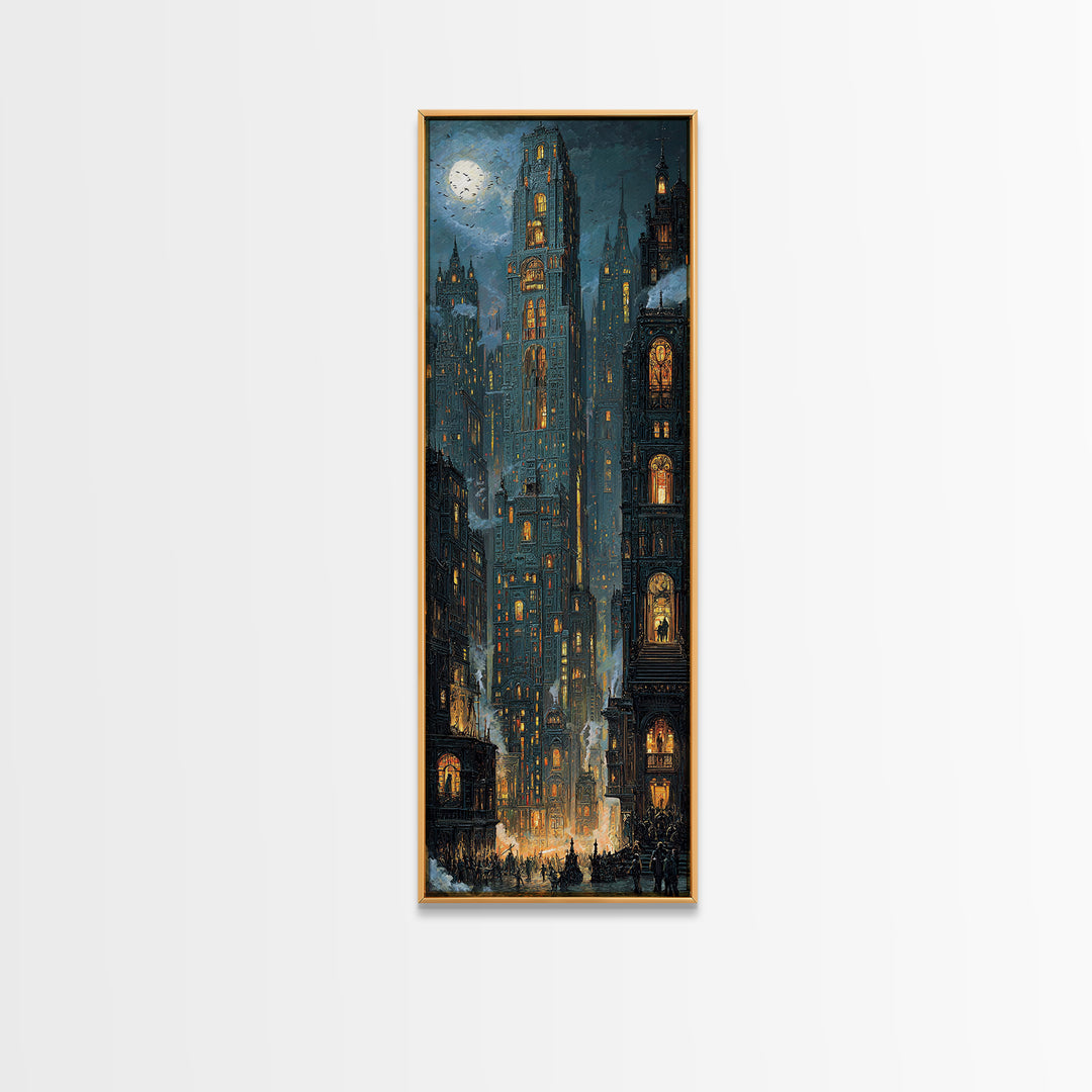The Haunted City Skyline, Ornate Symbolist Art, Tall Narrow Wall Art, Gothic Horror Wall Art, Framed Canvas Print, Halloween Wall Art