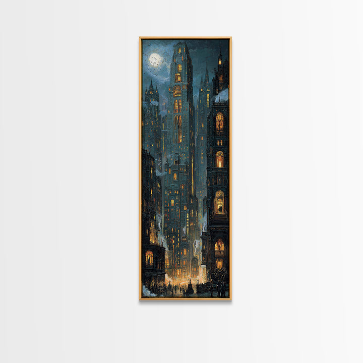 The Haunted City Skyline, Ornate Symbolist Art, Tall Narrow Wall Art, Gothic Horror Wall Art, Framed Canvas Print, Halloween Wall Art