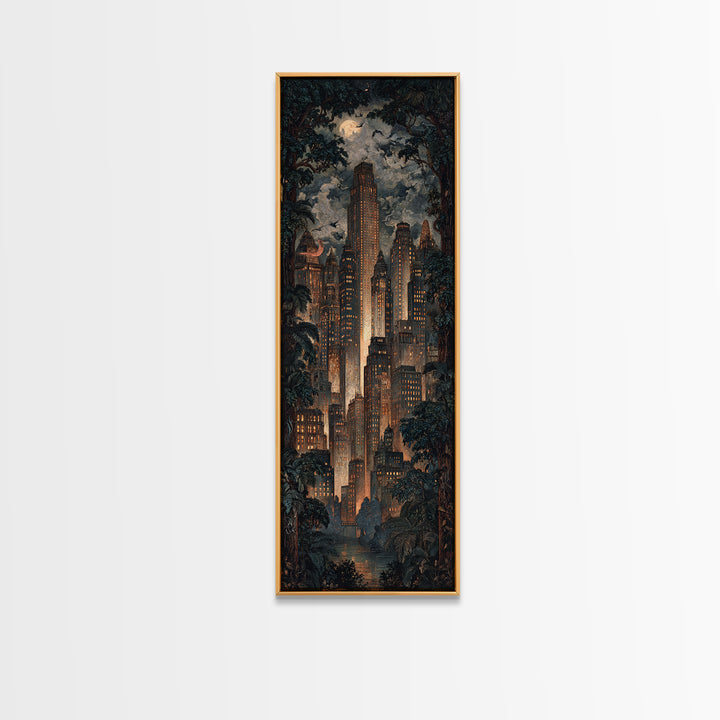 The Haunted City Skyline, Dark Symbolist Art, Tall Narrow Wall Art, Dark Fantasy Wall Art, Framed Canvas Print, Halloween Wall Art