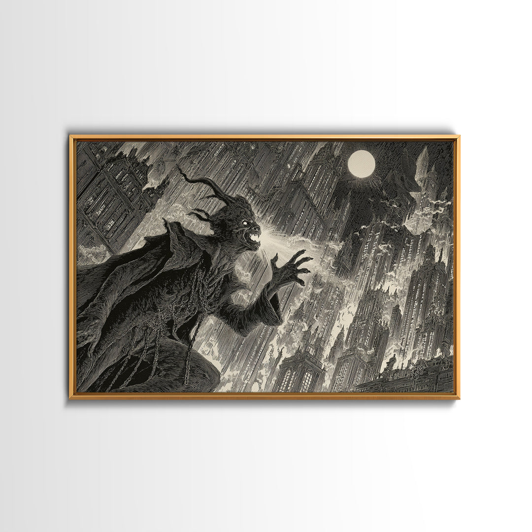 The Haunted City Skyline, Symbolist Etching Art, Landscape Wall Art, Dark Halloween Decor, Canvas Print, Halloween Wall Art