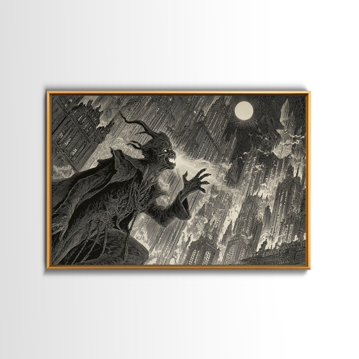 The Haunted City Skyline, Symbolist Etching Art, Landscape Wall Art, Dark Halloween Decor, Canvas Print, Halloween Wall Art