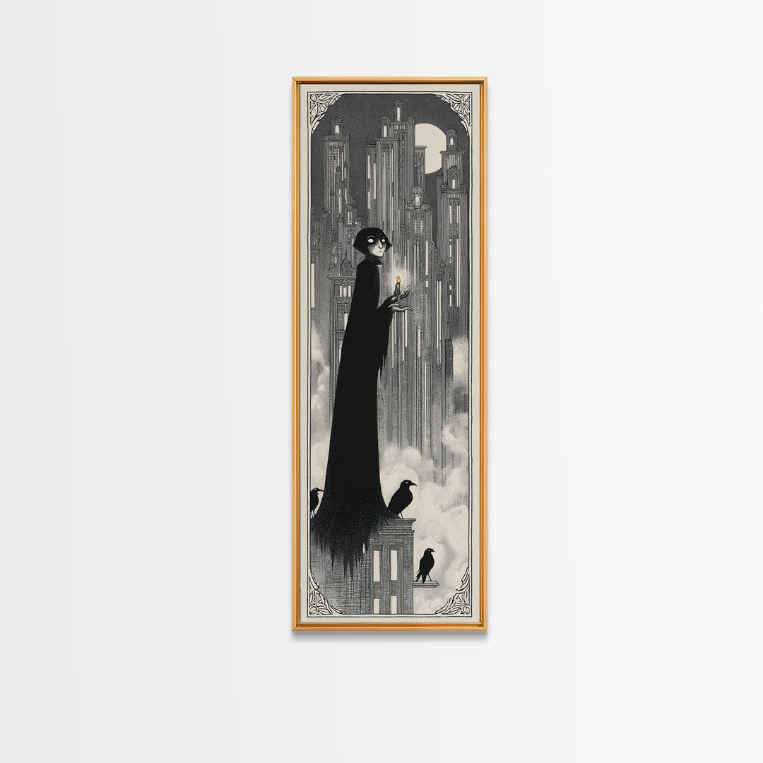 The Haunted City Skyline, Decadent Line Art, Tall Narrow Wall Art, Macabre Wall Art, Framed Canvas Print, Halloween Wall Art