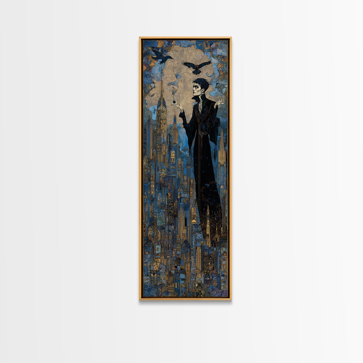 The Haunted City Skyline, Stained Glass Gothic Art, Tall Narrow Wall Art, Dark Halloween Decor, Canvas Print, Halloween Wall Art