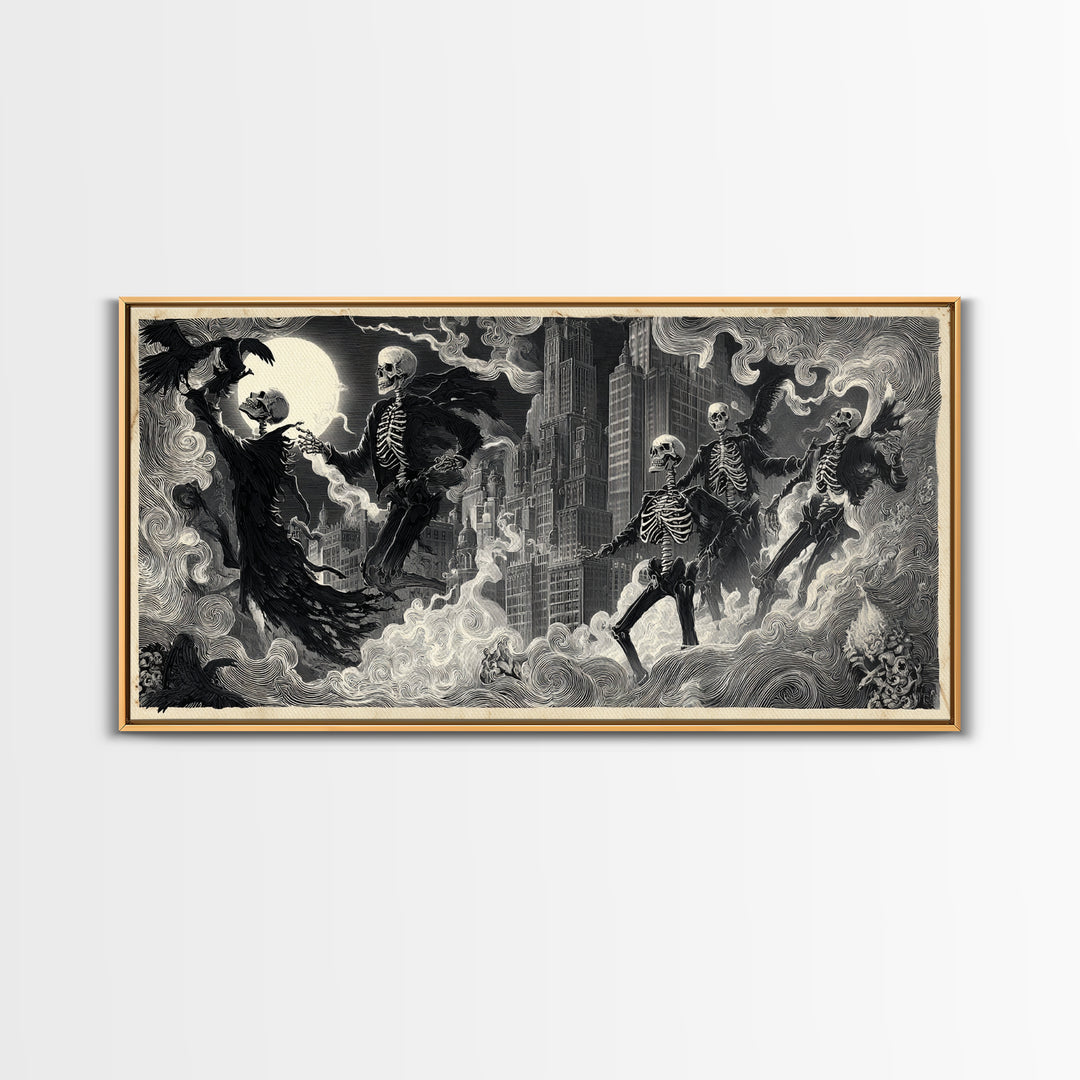 The Haunted City Skyline, Macabre Folk Print Art, Wide Panoramic Art, Gothic Horror Wall Art, Canvas Print, Halloween Wall Art